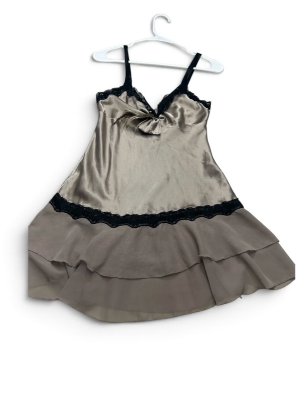 Elegant Moments Women’s Taupe Satin & Black Lace Ruffle Chemise Slip - Size S